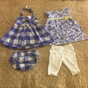Blue gingham check & blue/white floral dress 6M